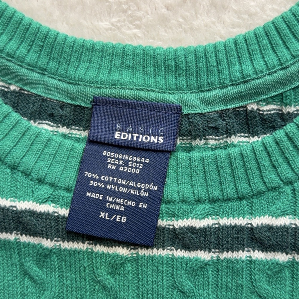 Basic Editions Women XL Long Sleeve Y2K Striped Cable Knit Sweater Preppy Green - Picture 3 of 10